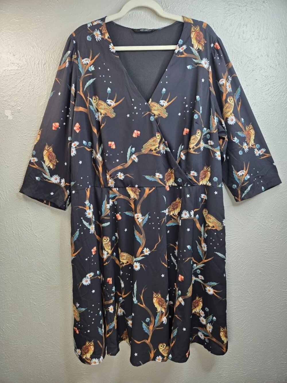 Eshakti Owl Print Pocket Dress Plus Sz 24W Black Flowy Novelty Art Forest Fairy